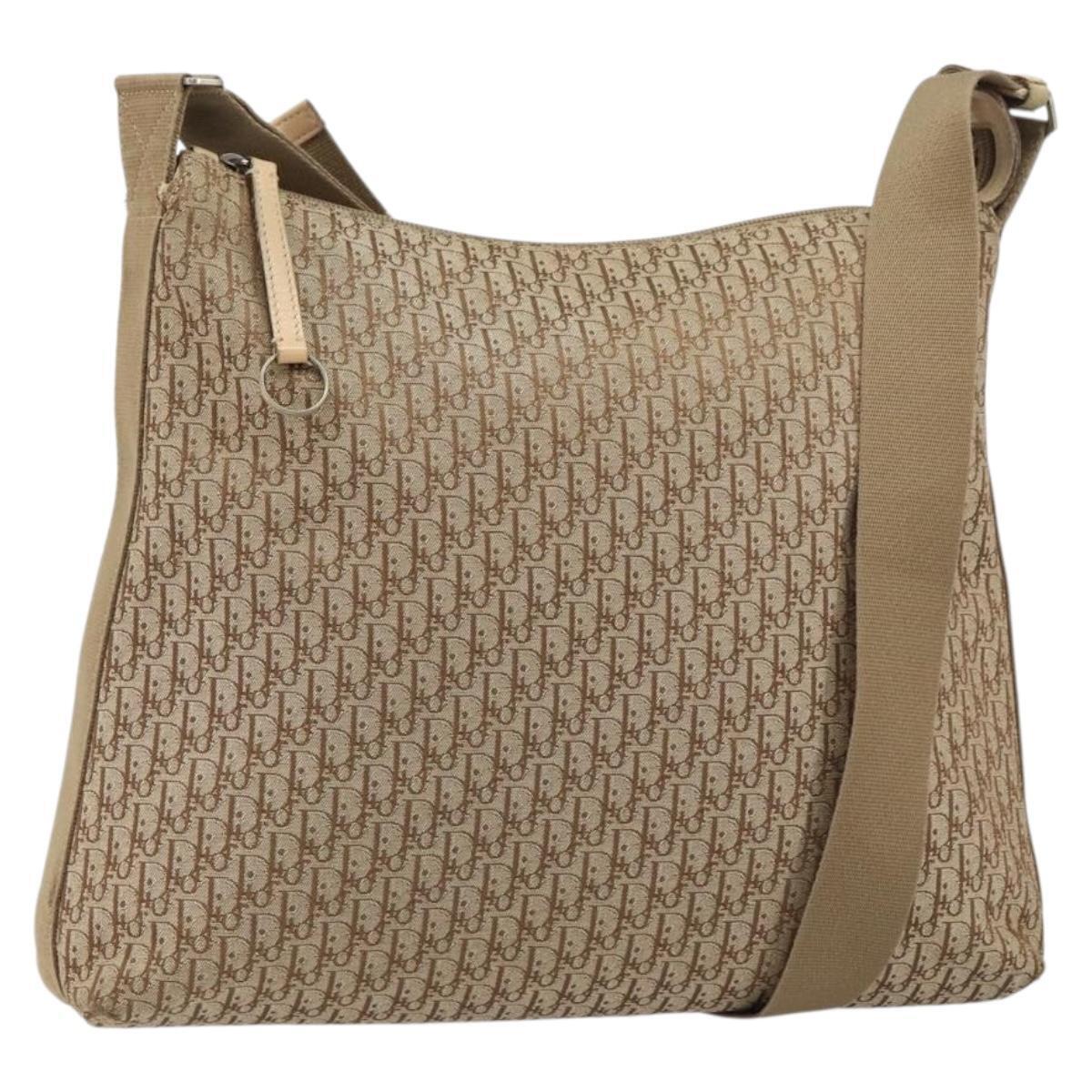 Christian Dior Trotter Canvas Shoulder Bag Beige Silver Auth Ep12239